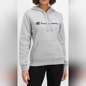 Champion Powerblend Hoodie Unisex Oxford Gray Loose Fit Medium Script Logo